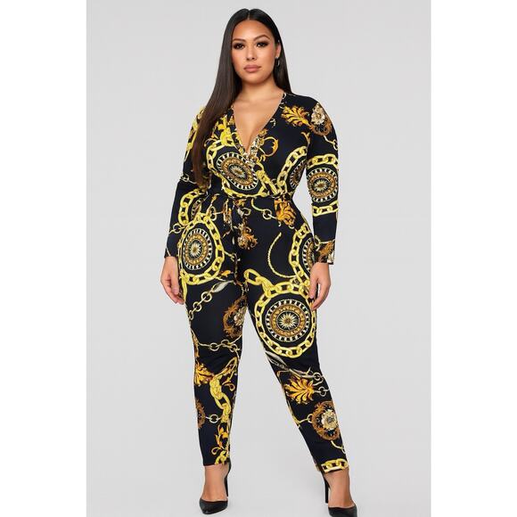 Gold Medallion Chain Baroque Print Jumpsuit Playsuit Stretchy Lightweight Sz L - Picture 1 of 9